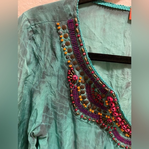 Hale Bob Cabana Silk Ombre Tie Dye Beaded V-Neck Top With Drawstring Waist - Picture 8 of 9
